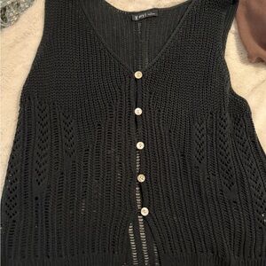 Very J Black Crochet Button-Front Knit Vest